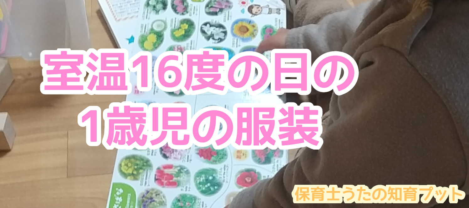 室温16度の日の1歳児の服装 裏起毛トレーナー 靴下も履いています 知育プット